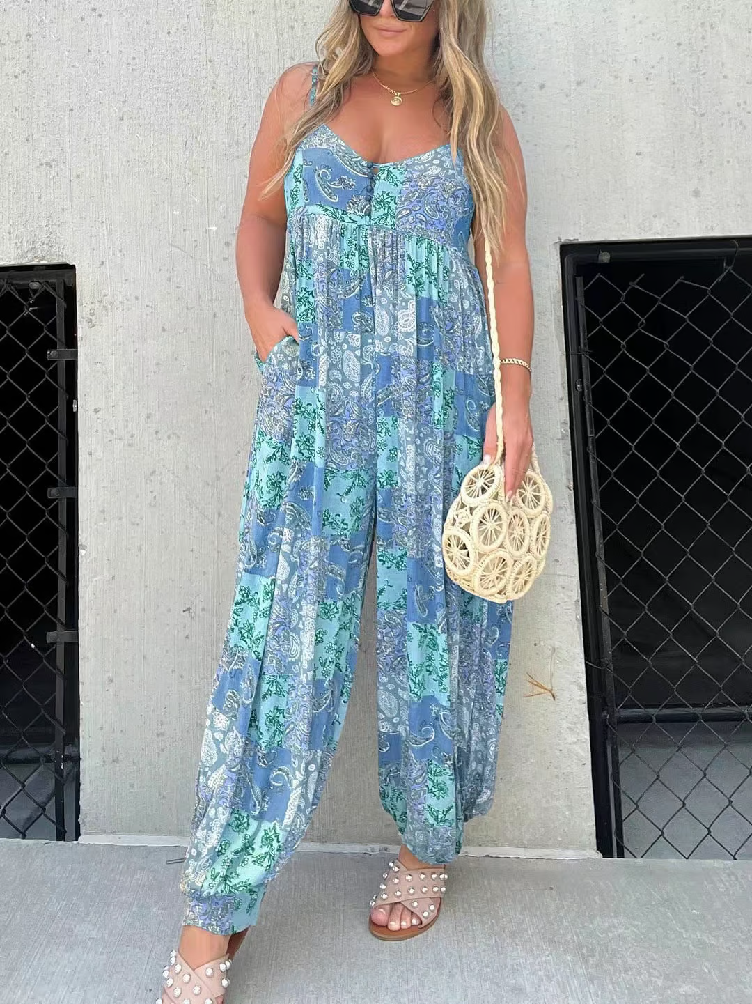 Boho Balloon Pant Jumpsuit for Women, Casual Wide-Leg One Piece Outfit