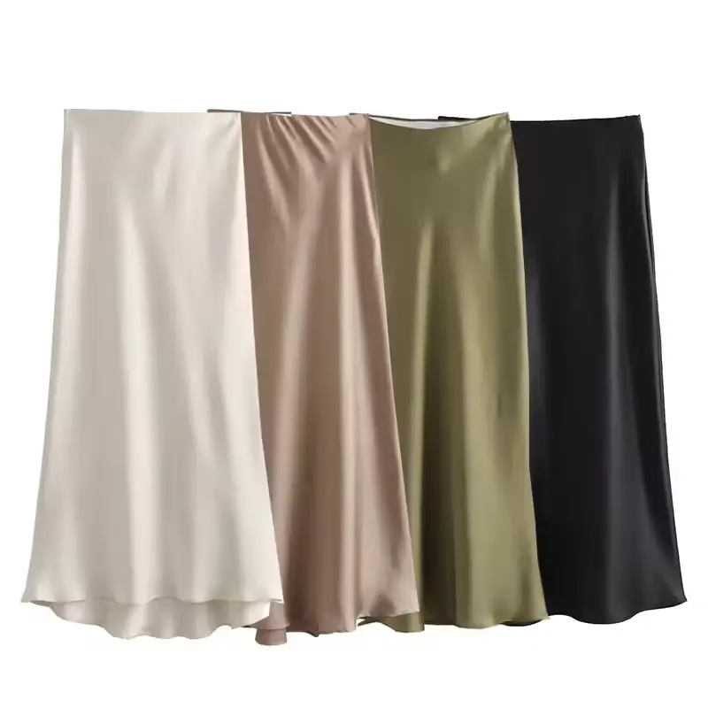 Women’s Satin High Waist Midi Skirt – Elegant Summer Office & Casual Long Skirt