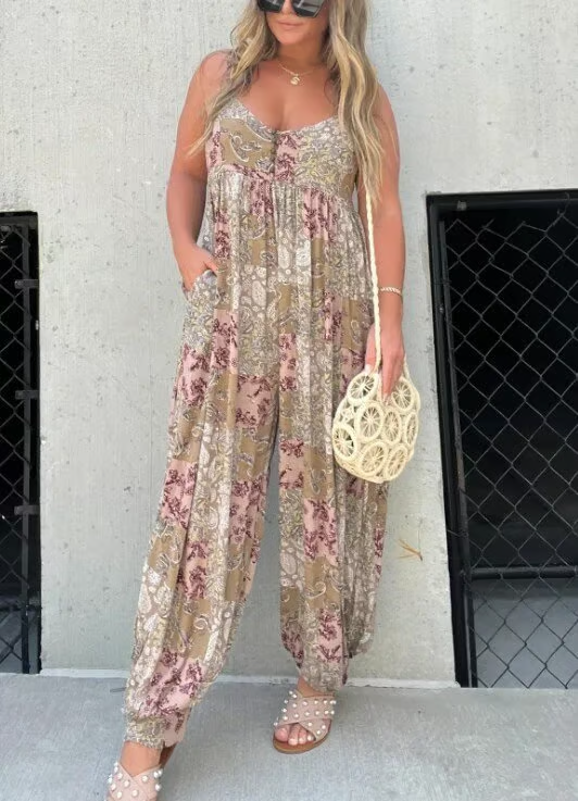 Boho Balloon Pant Jumpsuit for Women, Casual Wide-Leg One Piece Outfit