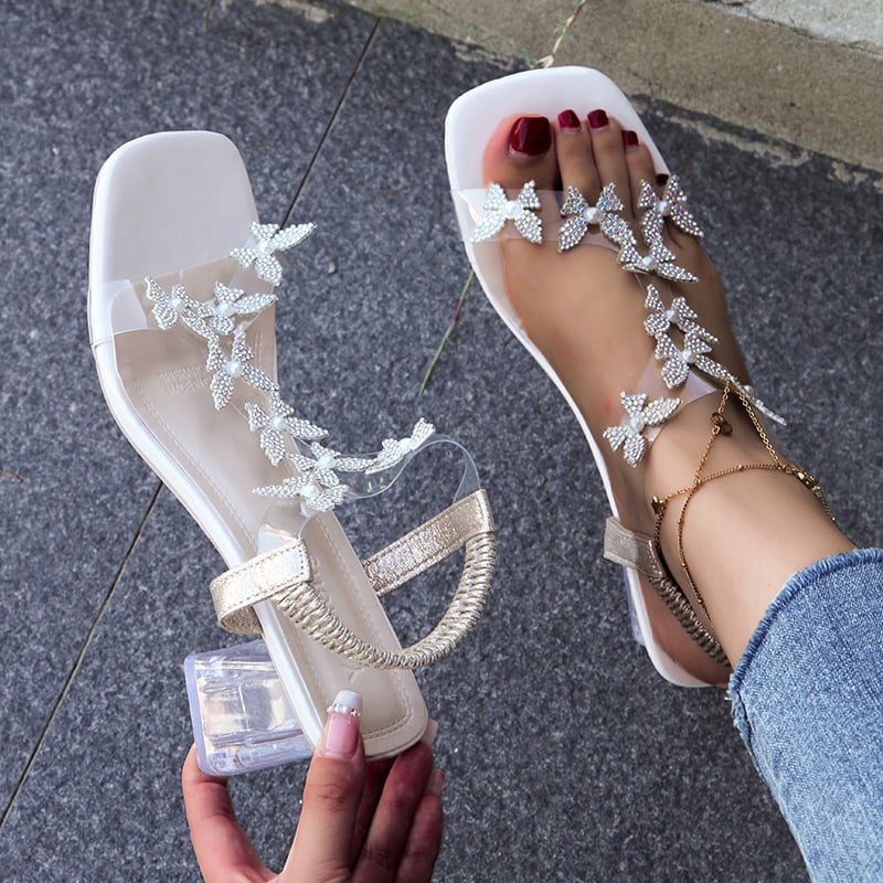 Women’s Flower Rhinestone Block Heel Sandals – Elegant PU Dress Shoes