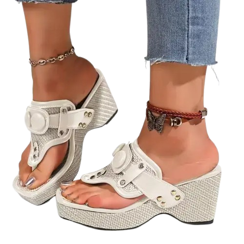 Glam Woven Wedges – Women’s Sparkle Buckle Slip-On Sandals with Comfortable Lift