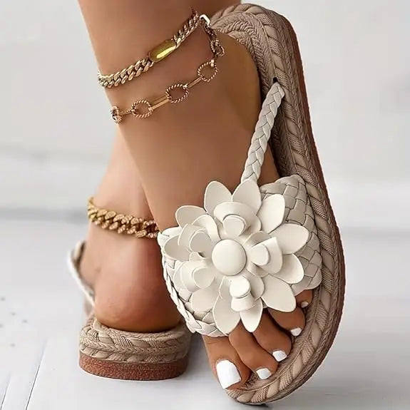Floral Sandals for Women  – Orthopedic PU Leather Braided Lace-Up Flat Summer Flip Flops