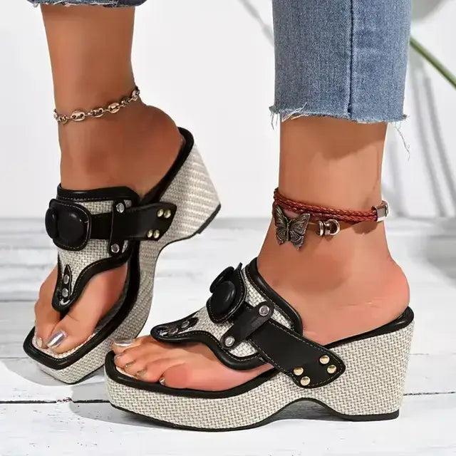 Glam Woven Wedges – Women’s Sparkle Buckle Slip-On Sandals with Comfortable Lift