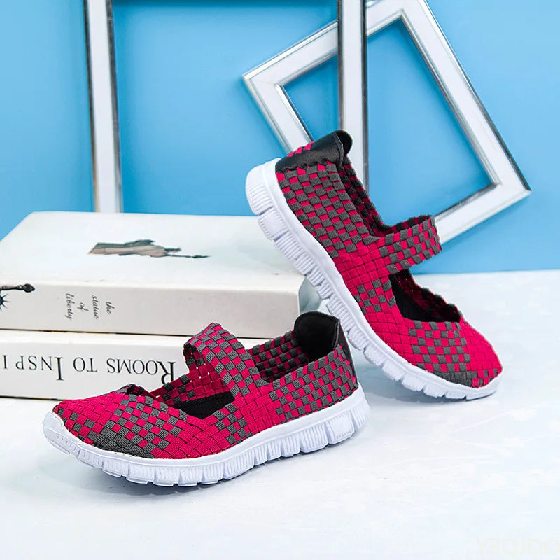 Plus Size Women’s Comfort Flat Shoes – Elastic Band Woven Casual Loafers