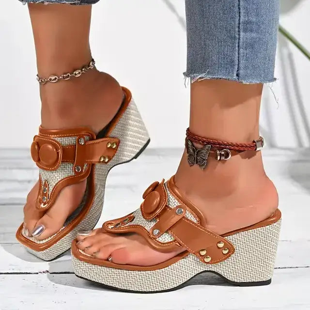 Glam Woven Wedges – Women’s Sparkle Buckle Slip-On Sandals with Comfortable Lift