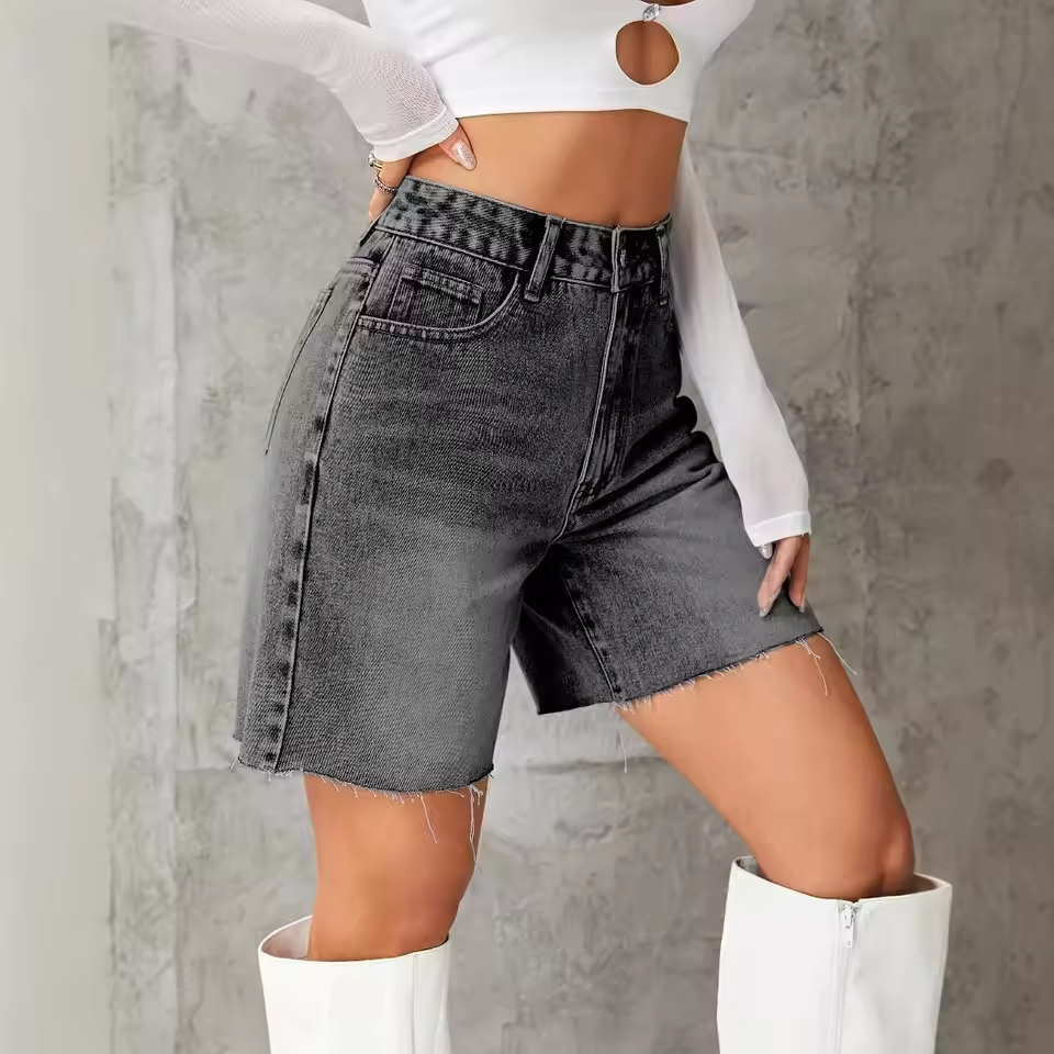 Women’s High Waist Denim Shorts – Casual Solid Color Fashion Essential