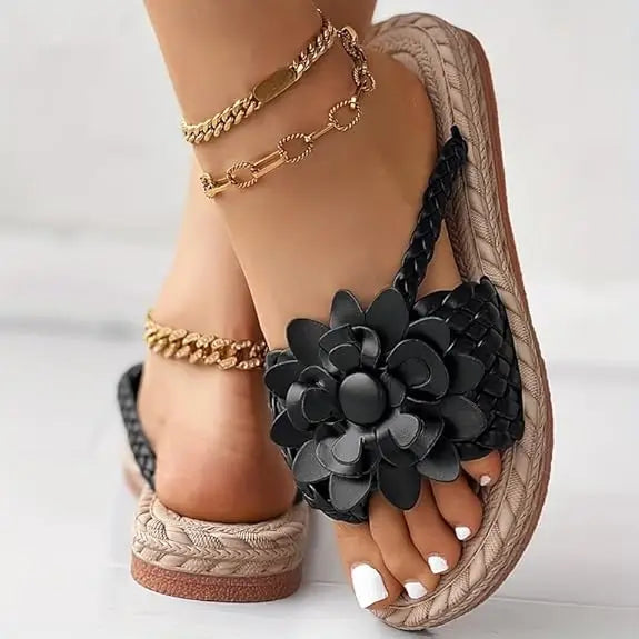 Floral Sandals for Women  – Orthopedic PU Leather Braided Lace-Up Flat Summer Flip Flops