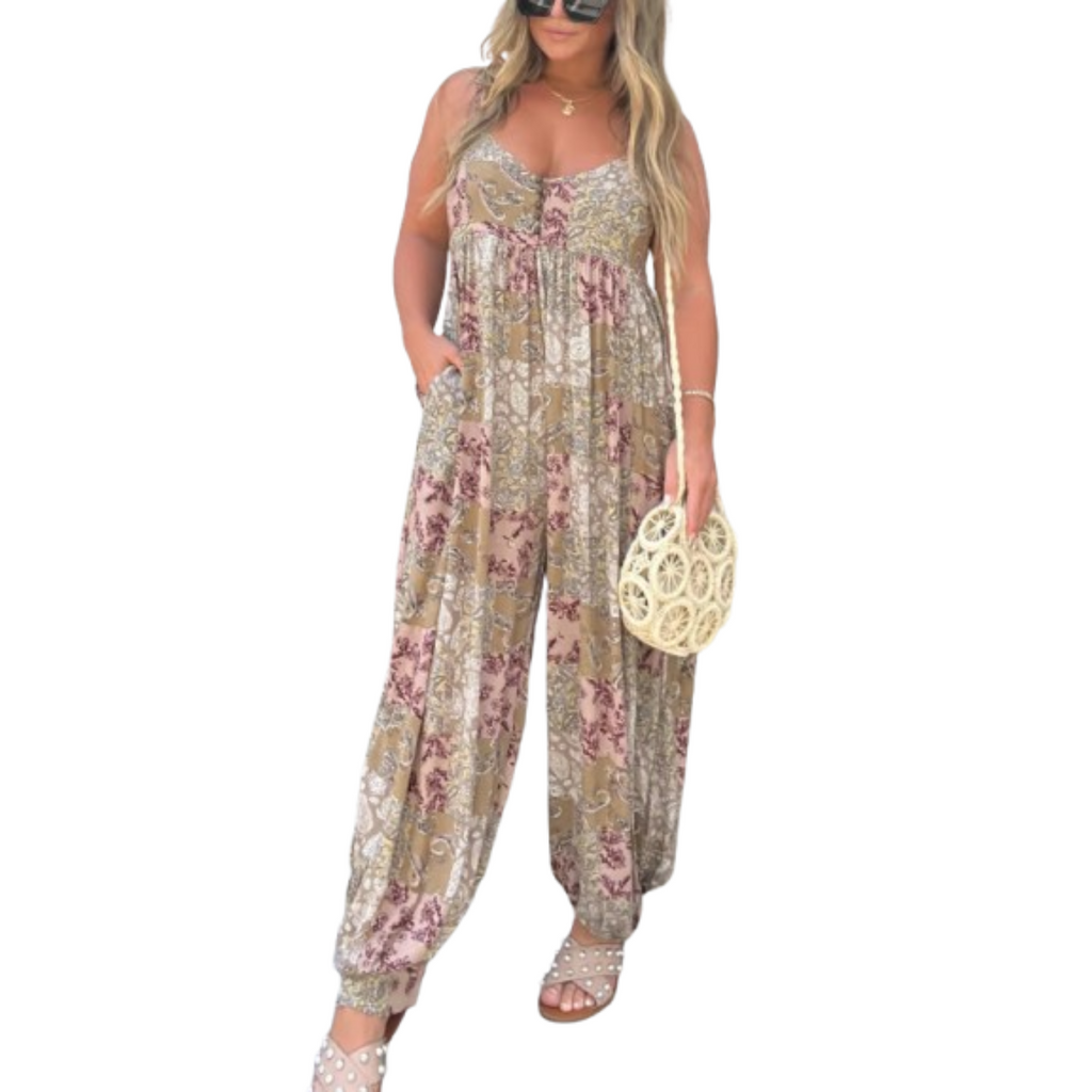 Boho Balloon Pant Jumpsuit for Women, Casual Wide-Leg One Piece Outfit