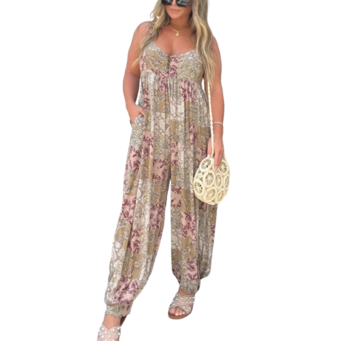 Boho Balloon Pant Jumpsuit for Women, Casual Wide-Leg One Piece Outfit