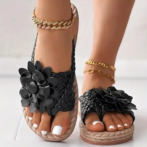Floral Sandals for Women  – Orthopedic PU Leather Braided Lace-Up Flat Summer Flip Flops