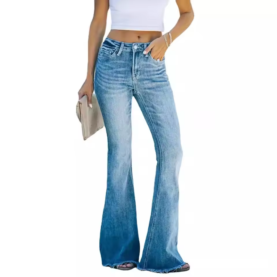 Women’s Mid Waist Flared Jeans – Stretch Denim Casual Summer Pants