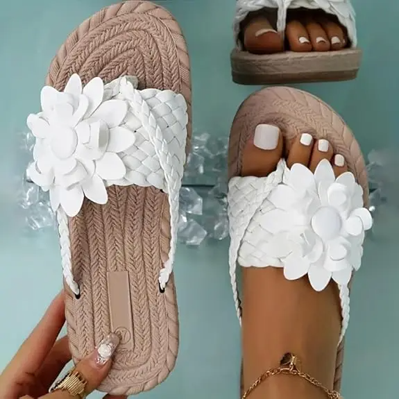 Floral Sandals for Women  – Orthopedic PU Leather Braided Lace-Up Flat Summer Flip Flops