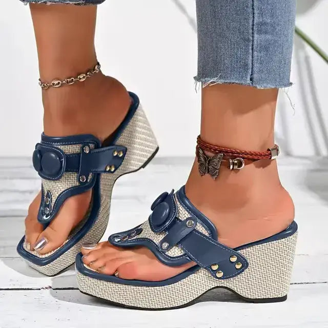 Glam Woven Wedges – Women’s Sparkle Buckle Slip-On Sandals with Comfortable Lift