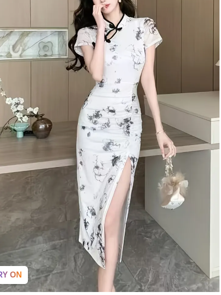 Long Women's Dress with Chinese Ink Print