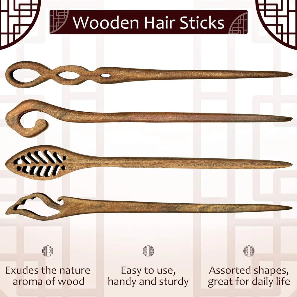 8 Wooden Hair Sticks Japanese Chopstick Bun Maker, Chinese Hairpin for Women Handmade Chignon Accessories Classic Pattern