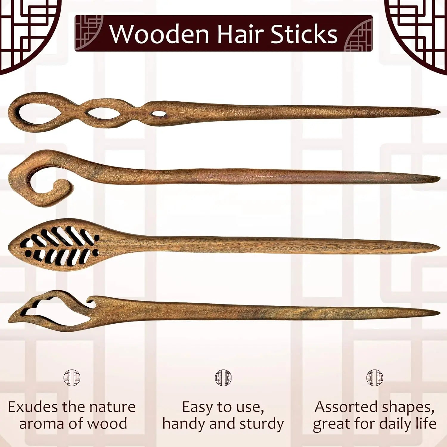 8 Wooden Hair Sticks Japanese Chopstick Bun Maker, Chinese Hairpin for Women Handmade Chignon Accessories Classic Pattern