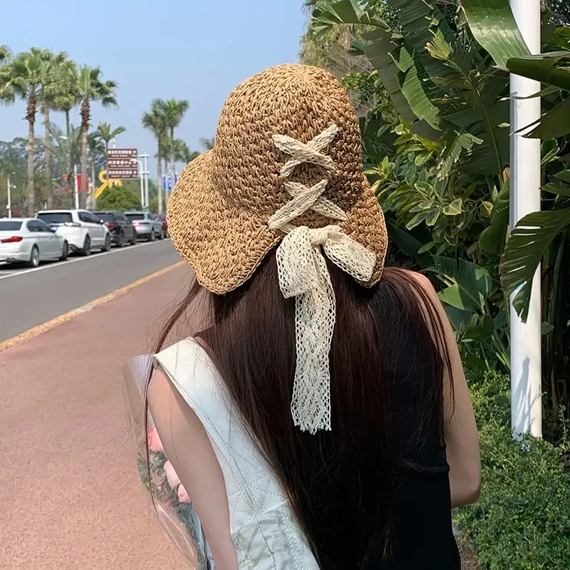 Lace Bow Sun Hat - Women's Foldable Wide Brim Beach Hat for Summer