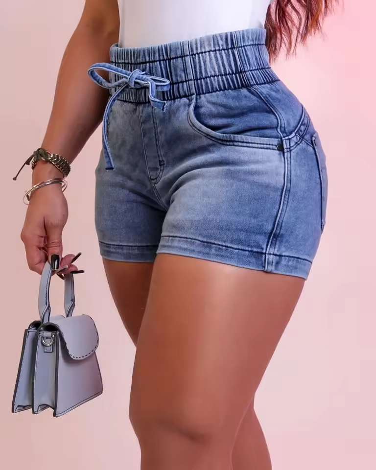 Women’s Summer Denim Shorts – Elastic Waist Bandage Skinny Jeans Shorts