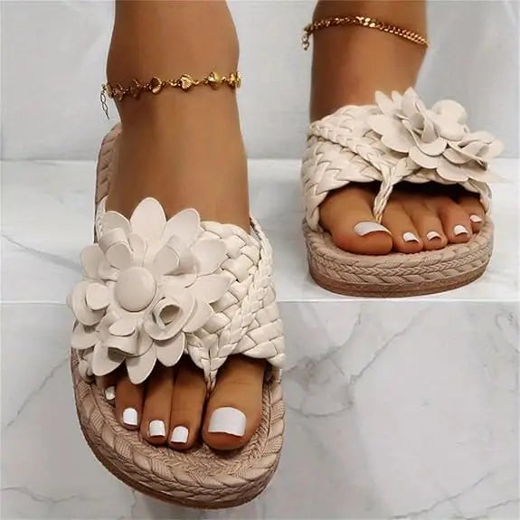 Floral Sandals for Women  – Orthopedic PU Leather Braided Lace-Up Flat Summer Flip Flops