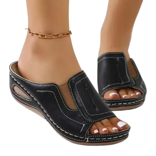 Women’s Comfortable Orthopedic Flat Sandals – PU Leather, Arch Support, All-Day Walking