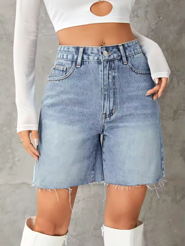 Women’s High Waist Denim Shorts – Casual Solid Color Fashion Essential
