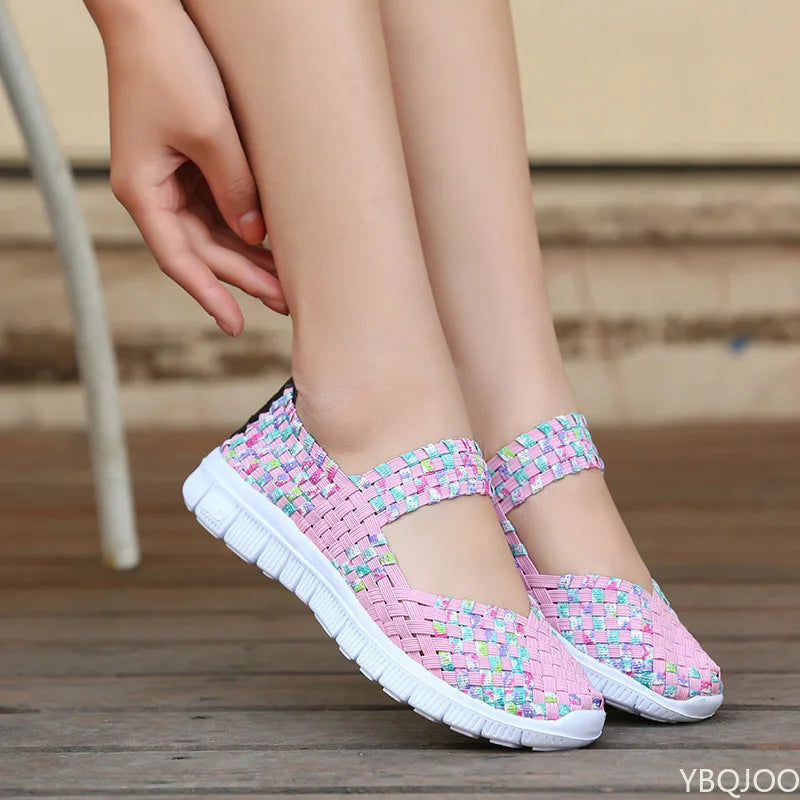 Plus Size Women’s Comfort Flat Shoes – Elastic Band Woven Casual Loafers