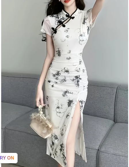 Long Women's Dress with Chinese Ink Print