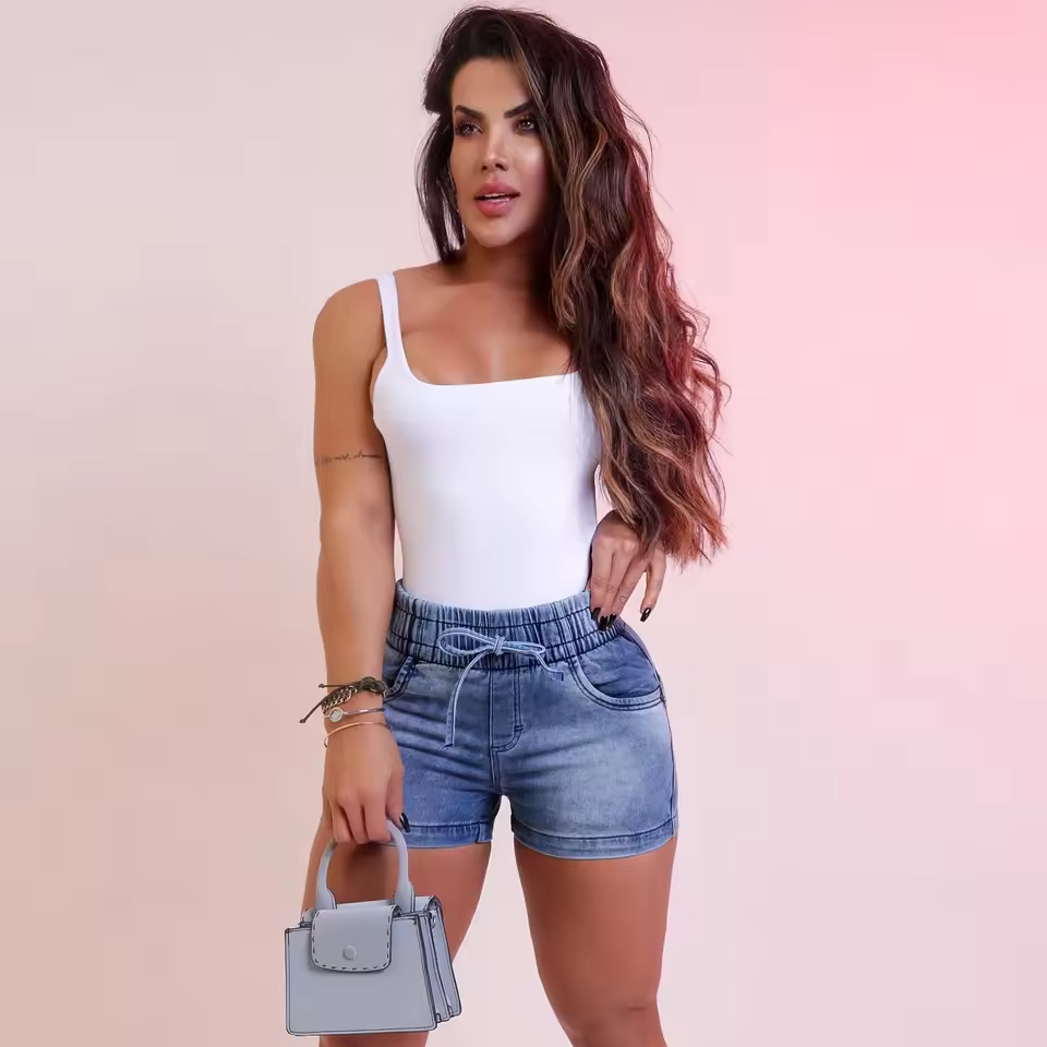 Women’s Summer Denim Shorts – Elastic Waist Bandage Skinny Jeans Shorts