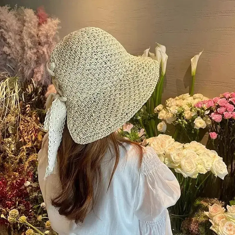 Lace Bow Sun Hat - Women's Foldable Wide Brim Beach Hat for Summer