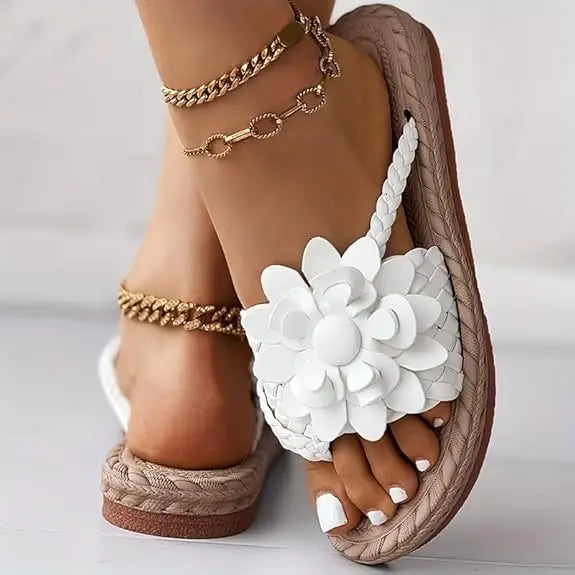 Floral Sandals for Women  – Orthopedic PU Leather Braided Lace-Up Flat Summer Flip Flops
