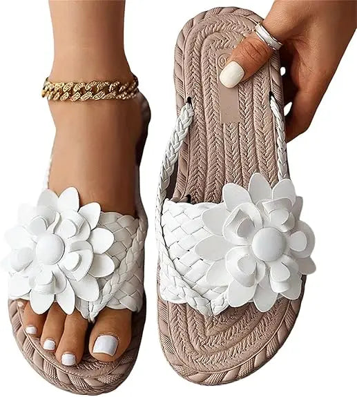 Floral Sandals for Women  – Orthopedic PU Leather Braided Lace-Up Flat Summer Flip Flops